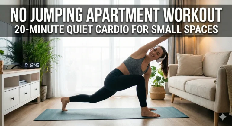 Apartment workout guide showing a stretch in a living room