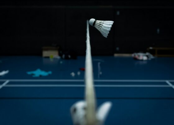 White shuttlecock suspended above a badminton net on a blue indoor court