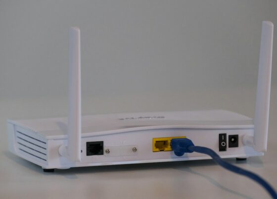 Broadband router with an Ethernet cable connected