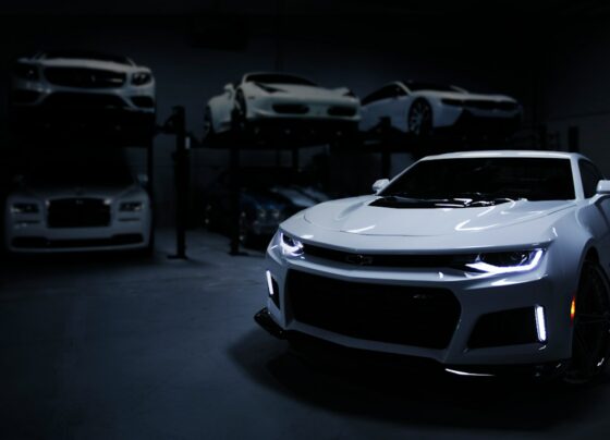 Silver sports coupe parked in a garage