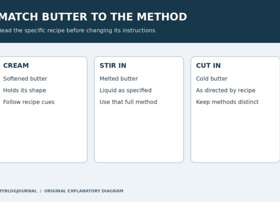 Three recipe-method cards pairing creaming with softened butter, melting with liquid butter, and cutting in with cold butter.