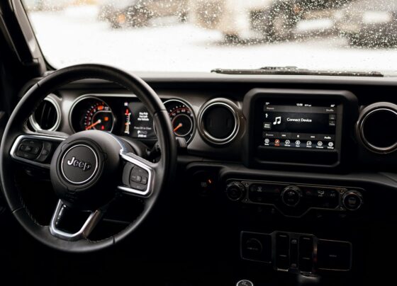 Steering wheel and dashboard inside a vehicle