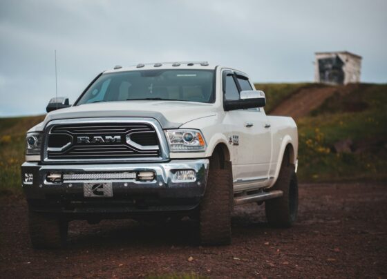 White Ram pickup truck parked outdoors