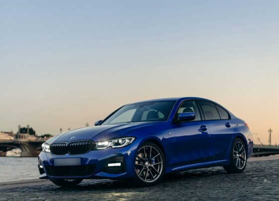 Blue BMW car parked beside the water