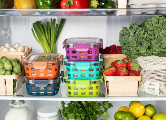 Lidded food containers arranged on refrigerator shelves alongside vegetables.