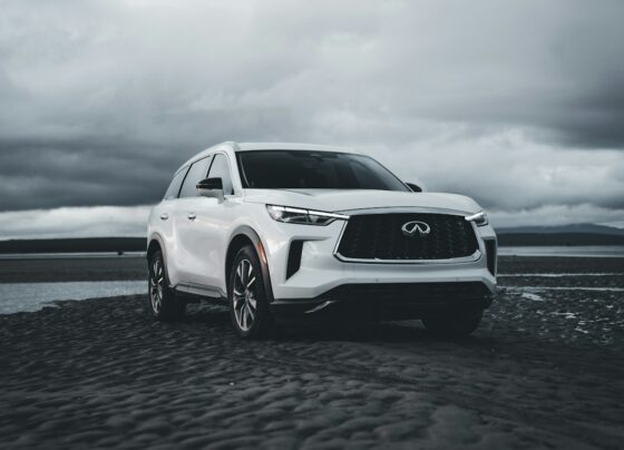 White INFINITI SUV parked under an overcast sky