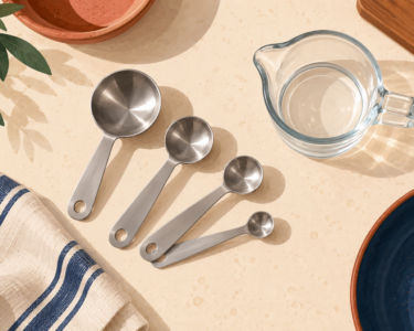 Original illustration of unmarked measuring spoons and a glass jug on a kitchen counter.