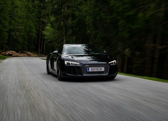 Dark Audi car traveling on a forest road