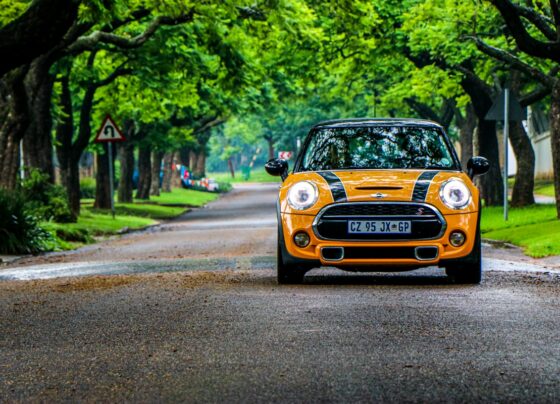 Yellow MINI car parked on a tree-lined street