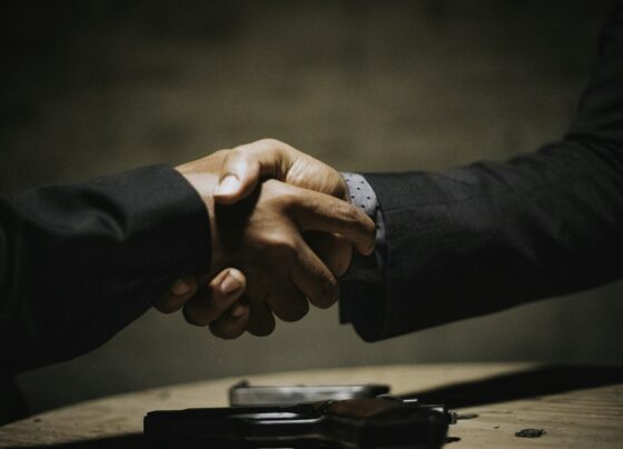 Two people shaking hands across a table
