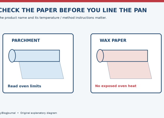 Two paper-roll diagrams labeled parchment and wax paper, with instructions to check oven limits and avoid exposed oven heat for wax paper.