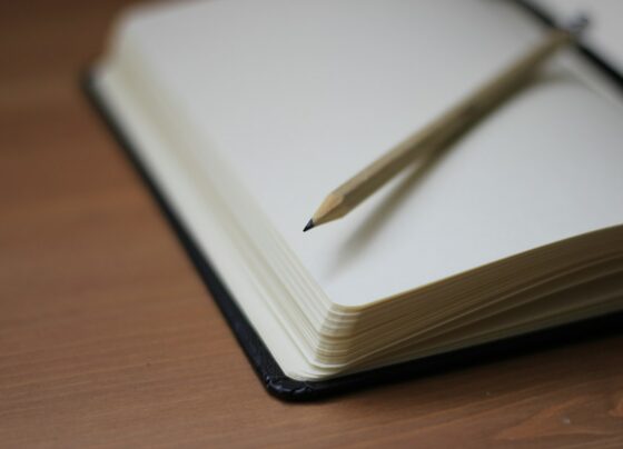 Pencil resting diagonally across the blank pages of an open notebook.