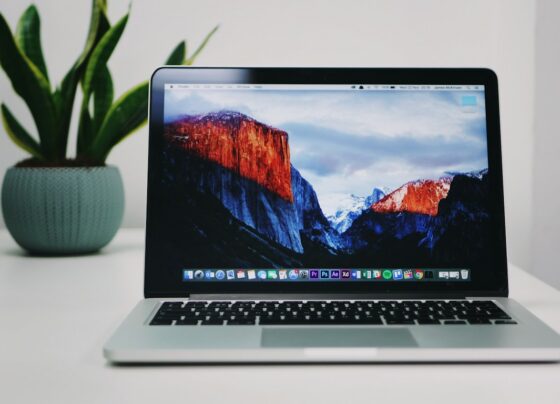 Laptop computer shown on a work surface
