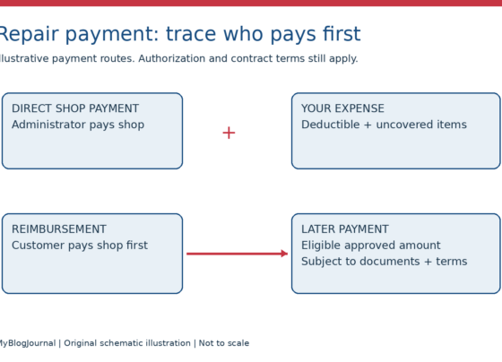 Diagram distinguishing payment to a repair shop from customer-first payment followed by eligible reimbursement.