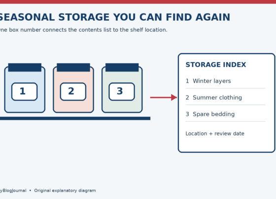 Three numbered storage boxes linked to an index of contents, location, and review date.