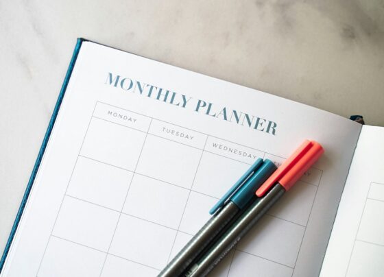 Open monthly planner with two pens resting on the page.