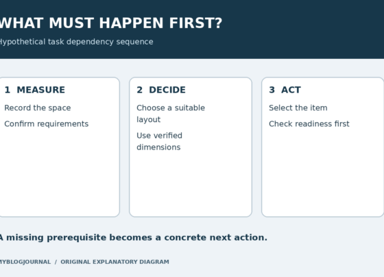 Three task cards connecting a confirmed measurement to a layout decision and then a purchase.