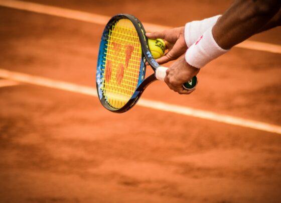 Tennis player holding a racket handle and ball over a clay court.