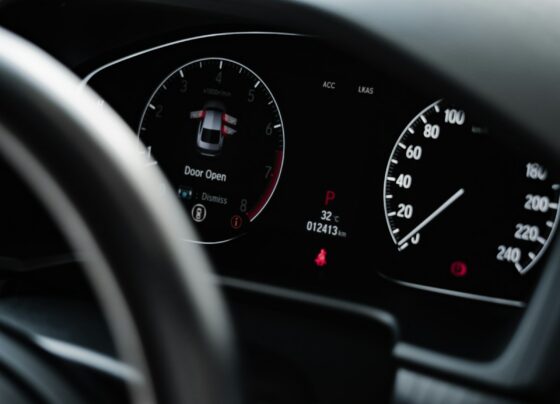Close-up of a steering wheel and dashboard