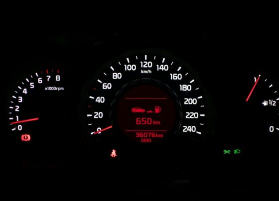 Car instrument panel illuminated at night